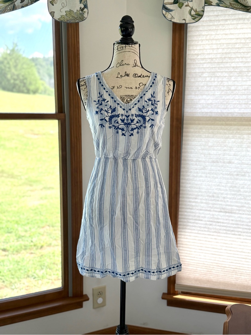 Skies Are Blue White & Blue Striped Embroidered V-Neck Sundress